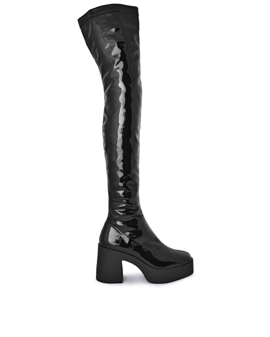 Akaada Yoshi Black Thigh-High Stretch Patent Boots – akaada.com